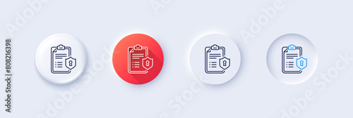 Checklist line icon. Neumorphic, Red gradient, 3d pin buttons. Privacy policy document sign. Line icons. Neumorphic buttons with outline signs. Vector