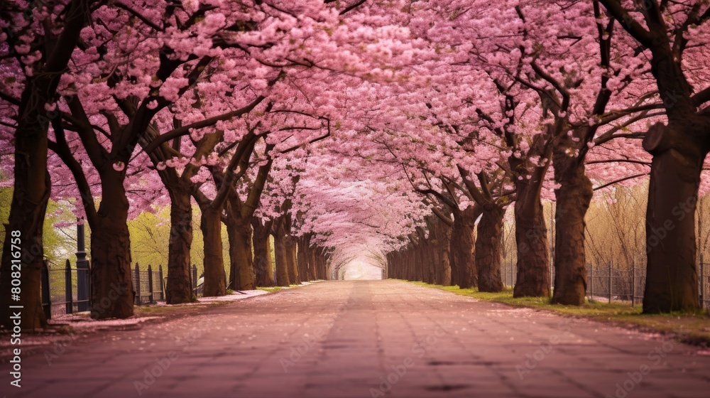 Roman road under canopy of cherry blossoms creating picturesque pathway