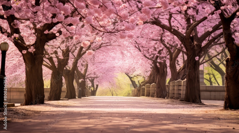 Roman road under cherry blossoms creates serene and picturesque pathway Roman road under cherry blossoms creates serene and picturesque pathway