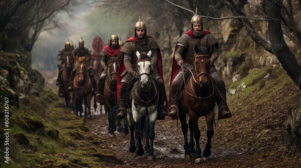 Roman road flanked by legionnaires on horseback patrolling for safety Roman road flanked by legionnaires on horseback patrolling for safety