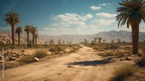 Roman road in desert landscape with oasis and palm trees in distance
