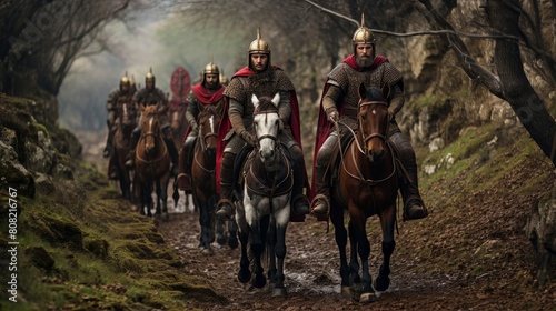 Roman road flanked by legionnaires on horseback patrolling for safety © javier