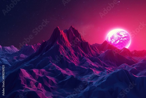 Digital artwork of a stylized mountain range under a starry sky with a vibrant view of earth