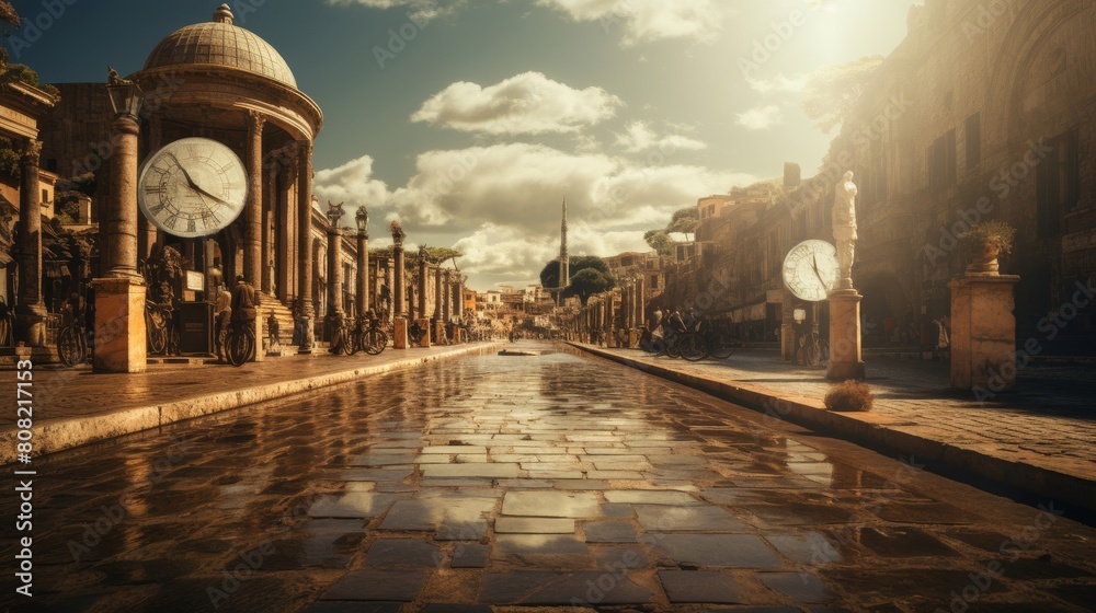 Obraz premium Roman road with time travelers from different eras converging