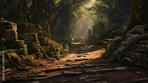 Roman road leading to ancient temple hidden in mystical forest