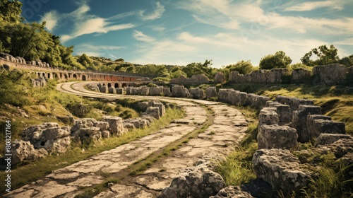 Roman road transformed into rollercoaster-like track with ancient chariots speeding photo