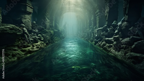Roman road leading to underwater city where aquatic beings travel