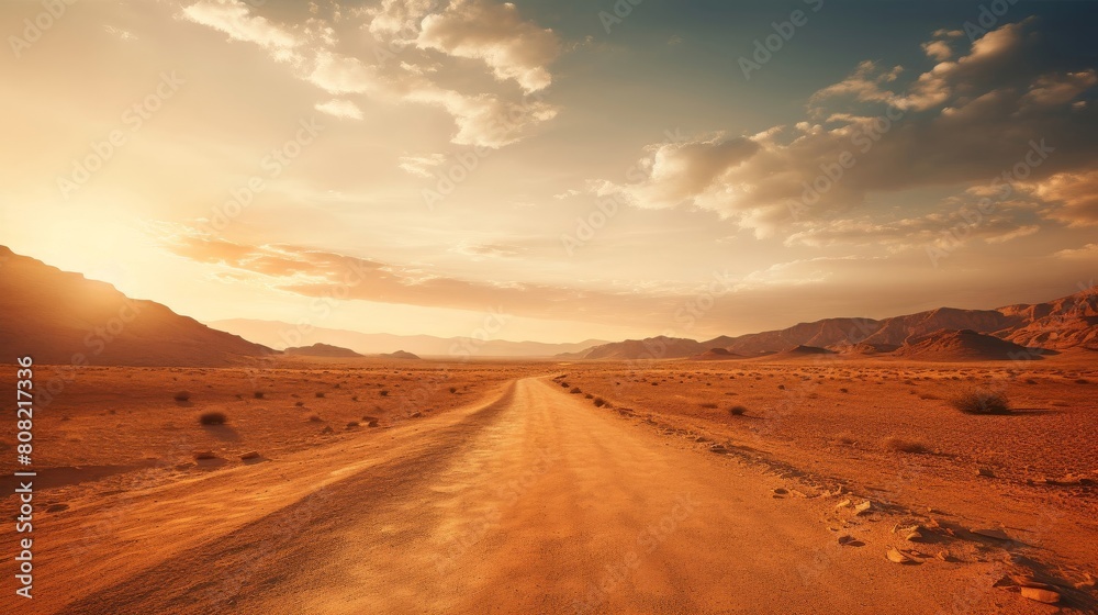 Roman road stretching endlessly across a vast desert landscape under the blazing sun