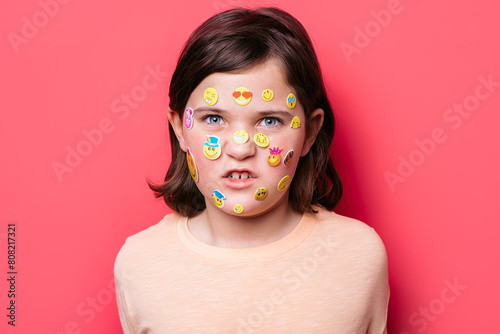 Schoolgirl with emoji stickers on her face photo