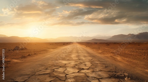 Roman road extending endlessly across a vast desert expanse under the blazing sun