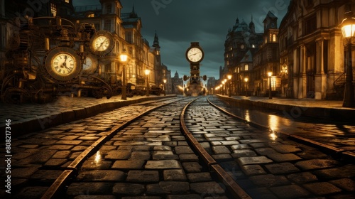 Roman road in a steampunk realm with embedded clockwork mechanisms