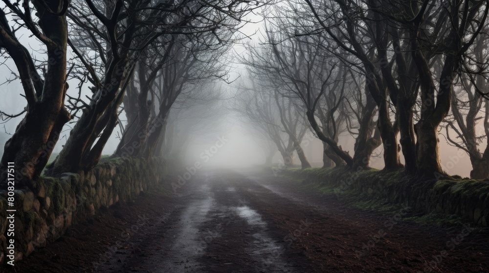 Roman road covered in dense mystical fog concealing its path Roman road covered in dense mystical fog concealing its path