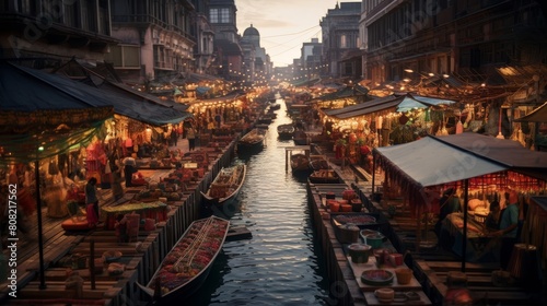 Roman road weaving through a vibrant floating marketplace in the sky photo
