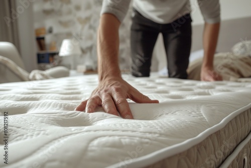 Close-up of a person pressing down on a soft mattress to check its firmness