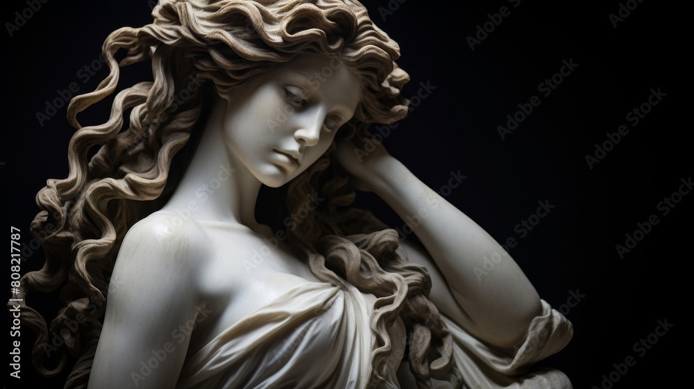 Serene maiden statue featuring flowing hair and calm demeanor