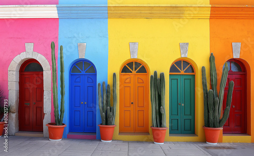 Doors and windows along a vibrant street, each painted in a different bright color.
