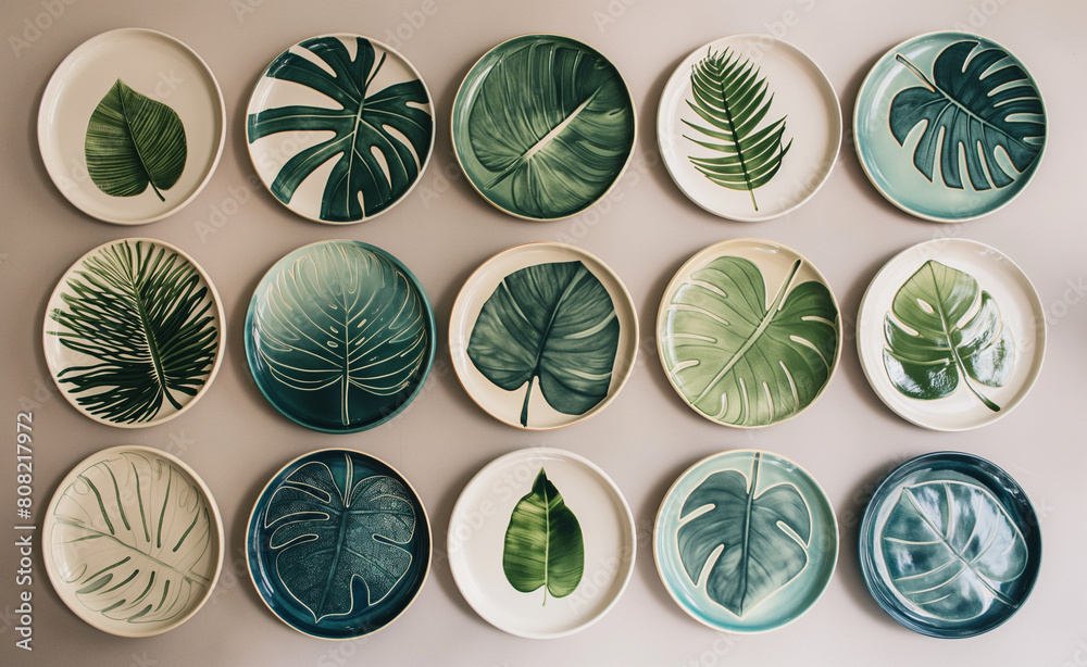 Series of hand-painted ceramic plates, each with a unique botanical design, against a neutral-toned background. Series of hand-painted ceramic plates, each with a unique botanical design, against a neutral-toned background.