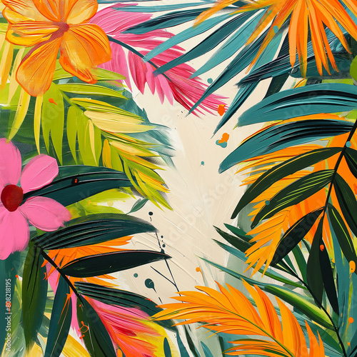 A painting of a tropical forest with bright colors and a variety of flowers