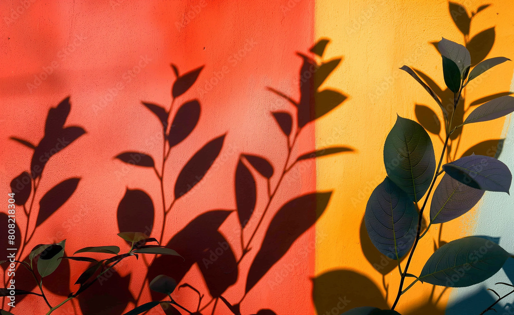 Light and shadow using the silhouettes of various types of leaves against a brightly colored wall. Light and shadow using the silhouettes of various types of leaves against a brightly colored wall.