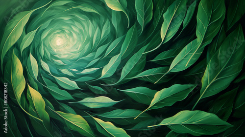 A painting of green leaves with a spiral shape