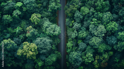A road is shown in the middle of a forest, with trees on both sides photo
