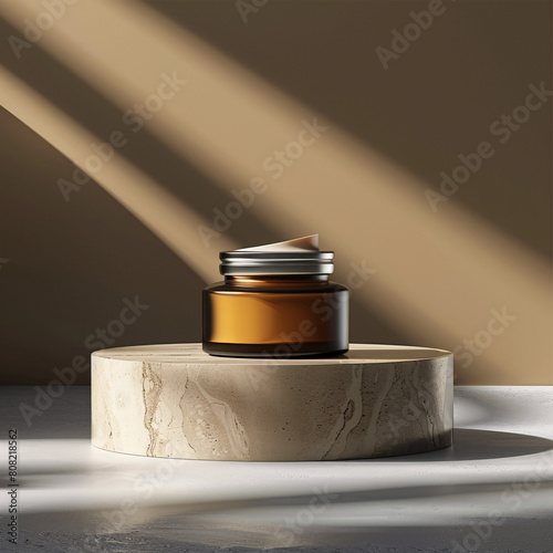 Open cosmetic jar on a marble pedestal with dramatic shadows photo