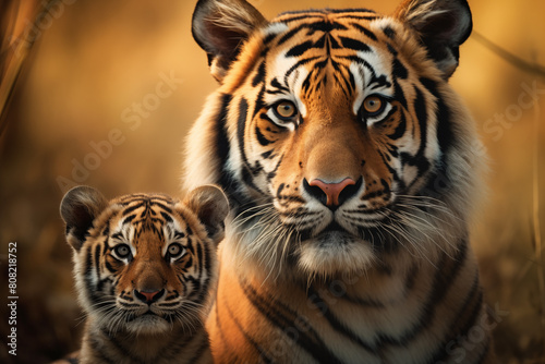 a close up of tiger mom and son on natural background