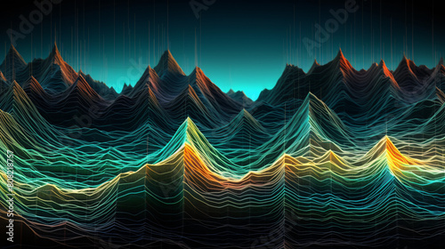 Digital art of neon mountain range with glowing lines on a dark background photo