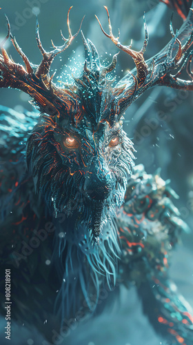 Fantastical creature with antlers and glowing eyes in a frosty setting photo