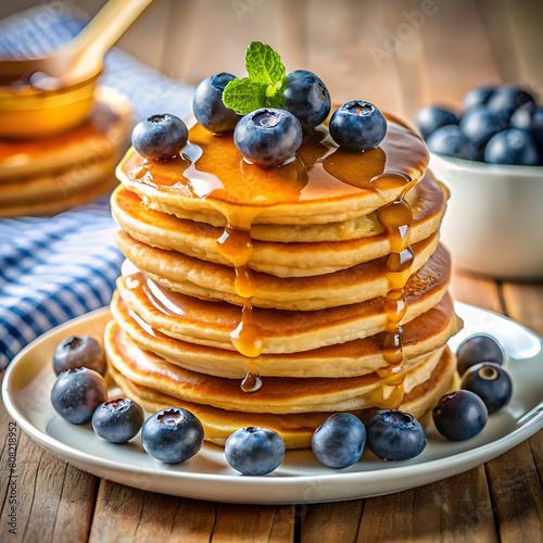 stack of tasty pancakes with blueberry and honey