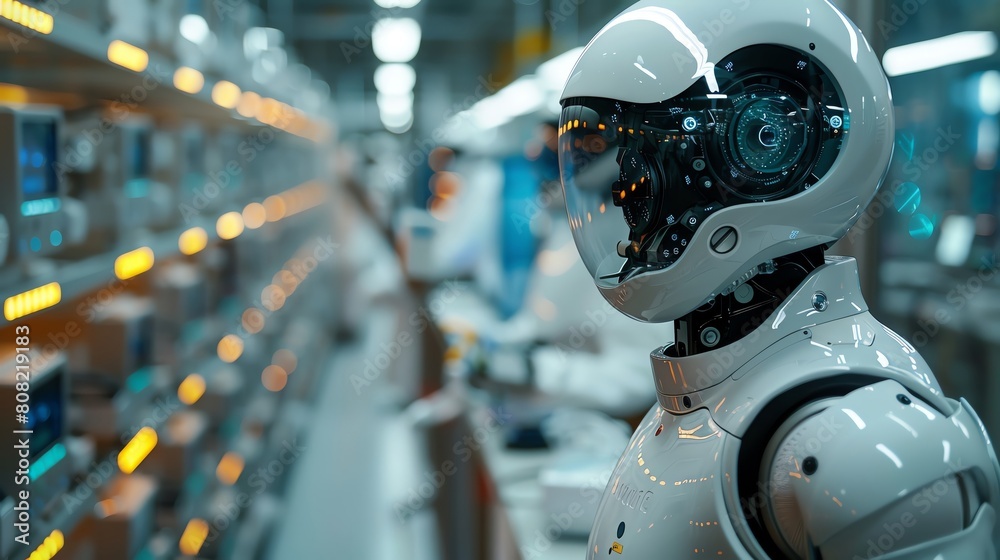 A team of researchers in a hightech facility developing new pharmaceuticals with robotic assistance A team of researchers in a hightech facility developing new pharmaceuticals with robotic assistance