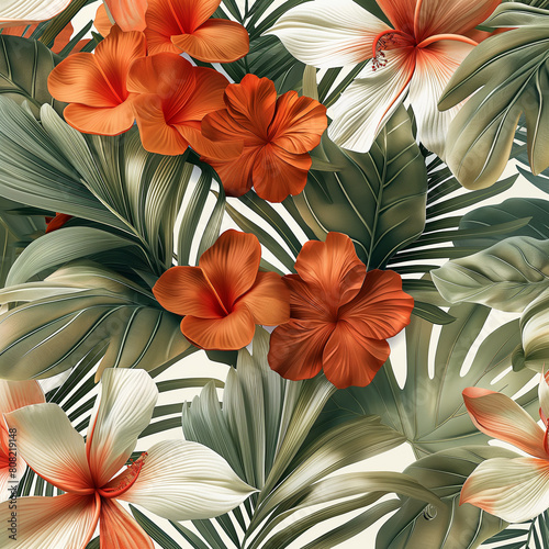 A tropical flower print with a mix of orange and green hues