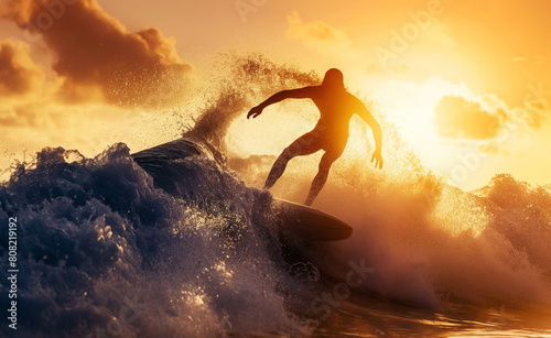 Surfer catching a large wave in the early morning light. © Curioso.Photography