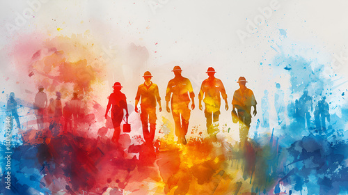 Group of workman in watercolor style Labor day concept. Colorful Art Workmen Team Watercolor Illustration Generative Ai 