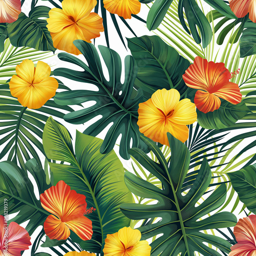 A tropical scene with green leaves and yellow flowers