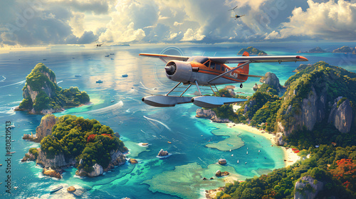 Seaplane flying over tropical islands with clear blue waters and lush greenery. photo