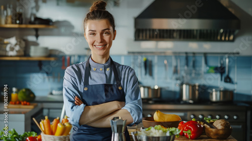 Obraz na płótnie A female chef standing confidently in a kitchen, her arms crossed. w salonie