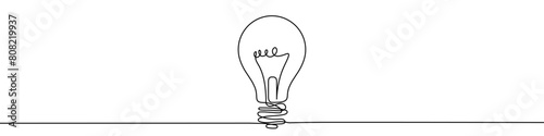 Continuous line drawing of light bulb. One line drawing background. Vector illustration. Single line electric lamp icon. © chekman