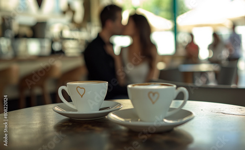 Two cups of coffee and in the background blurry for people.. Couple on a coffee date in a trendy urban caf  .