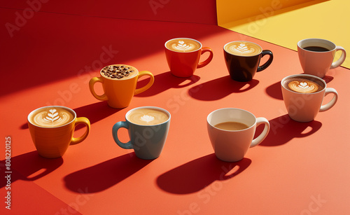 Artistic still life of various flavored coffees, each represented in unique cups with different designs that suggest their flavors.