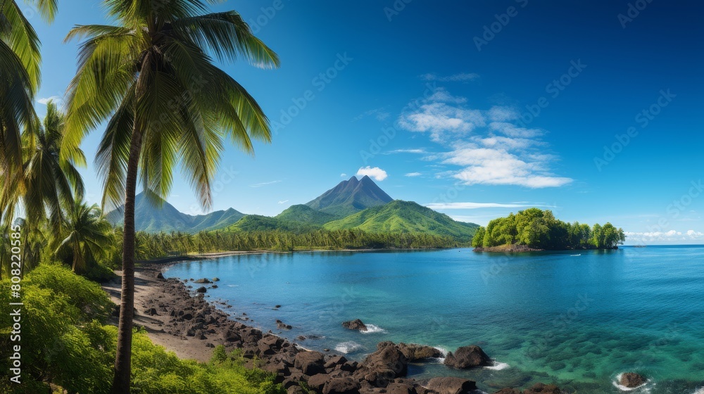 Tropical paradise with distant mountains and clear blue sky Tropical paradise with distant mountains and clear blue sky