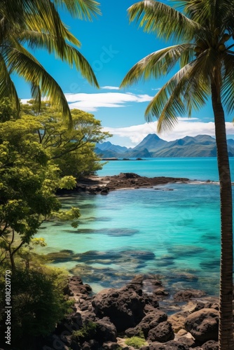 Tropical paradise with distant mountains and clear blue sky