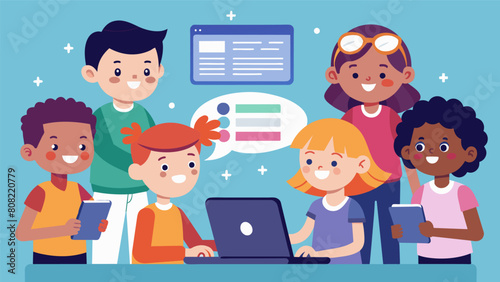A group of kids creating a digital media presentation to share with their peers about the importance of being kind and respectful online.. Vector illustration