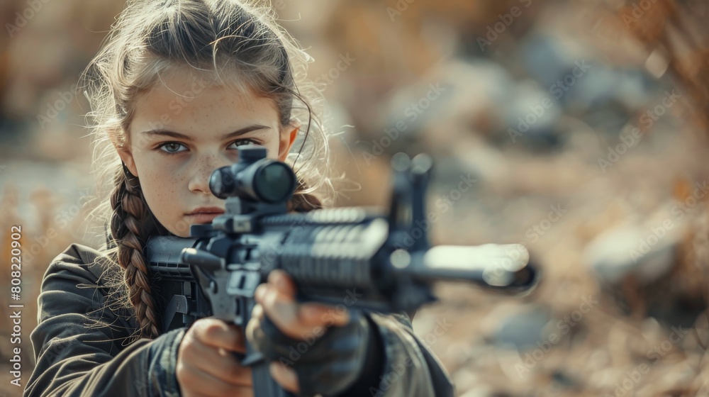 Young Girl Aiming Gun
