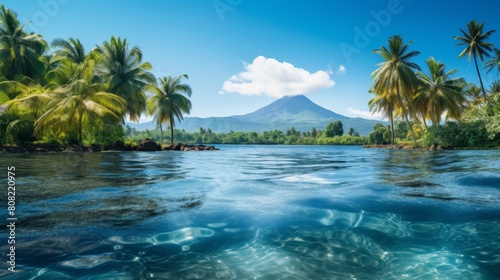 Tropical paradise with distant mountains and clear blue sky