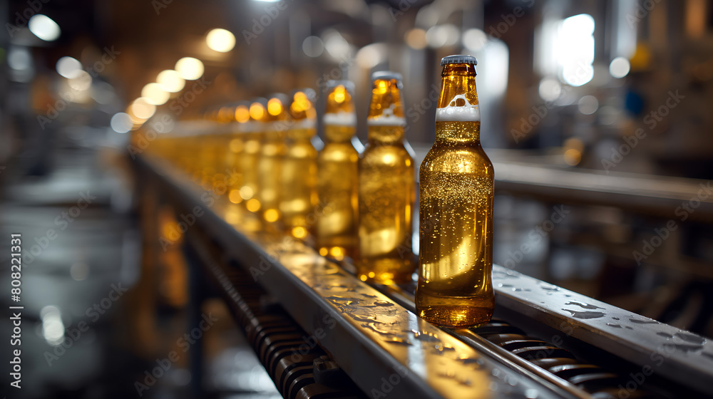 Golden beer bottles on conveyor belt in brewery with soft lighting
