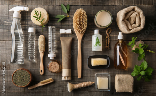 Eco-friendly cleaning products arranged on a natural wood surface. Include items like bamboo brushes, homemade cleaning solutions in glass bottles, and biodegradable sponges.