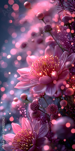 vibrant pink flowers with glowing orbs on a dreamy blue background. photo