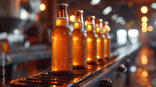 Line of chilled beer bottles on conveyor belt in brewery under warm ambient light