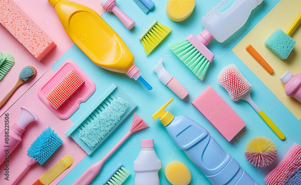Cleaning supplies in an artistic layout, focusing on color coordination and geometric patterns. Include items like colorful brushes, sponges, and bottles on a complementing pastel background.